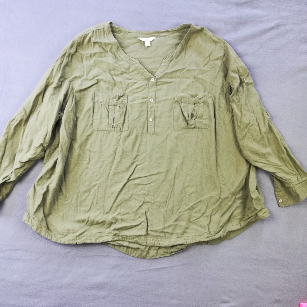 Croft & Barrow Womens Shirt Blouse Linen Blend Olive Green Roll Tab Plus 4X